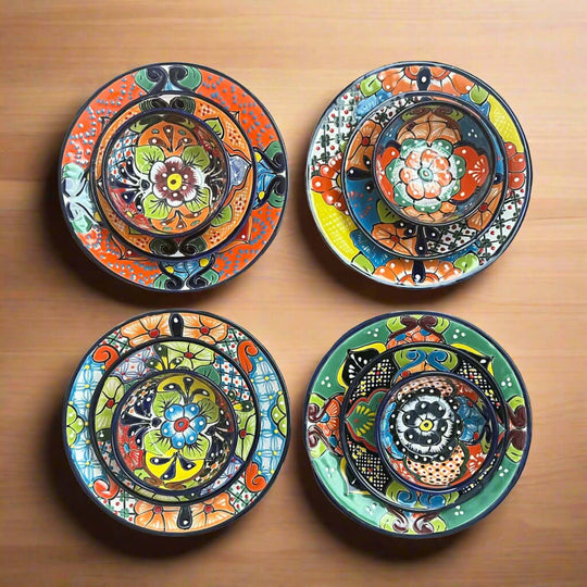 Talavera Dinnerware Set | 26-Piece Floral Tableware for 8 - hand-painted Mexican floral plates and bowls arranged on wood, kiln-fired lead-free glaze