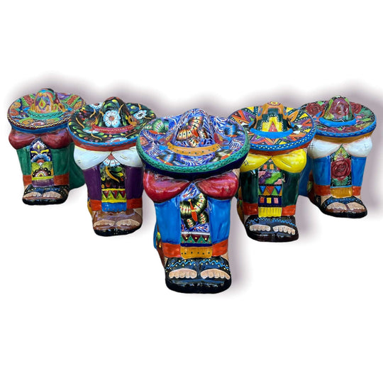 XL Talavera Panchito Statue | Hand-Painted Mexican Pottery Decor - vibrant hand-painted sleeping man pottery stool from Guanajuato