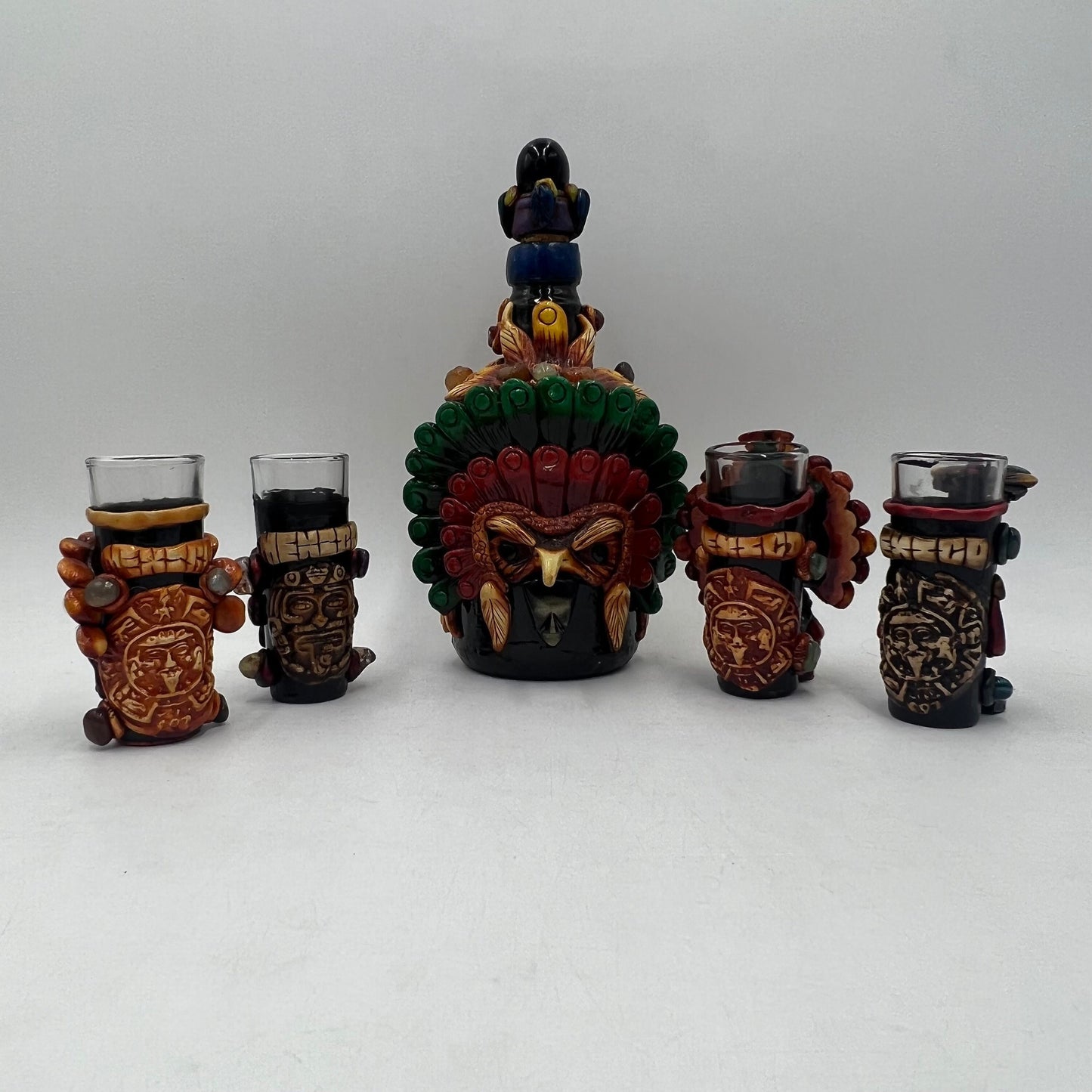 Mexican Shot Glass Set | Artisan Aztec Warrior Decanter Kit