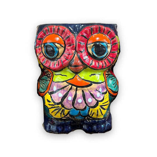 Talavera Owl Planter | Double-Faced Hand-Painted Pottery vibrant cobalt orange lime sky-blue hand-painted owl planter from Guanajuato, lead-free glaze