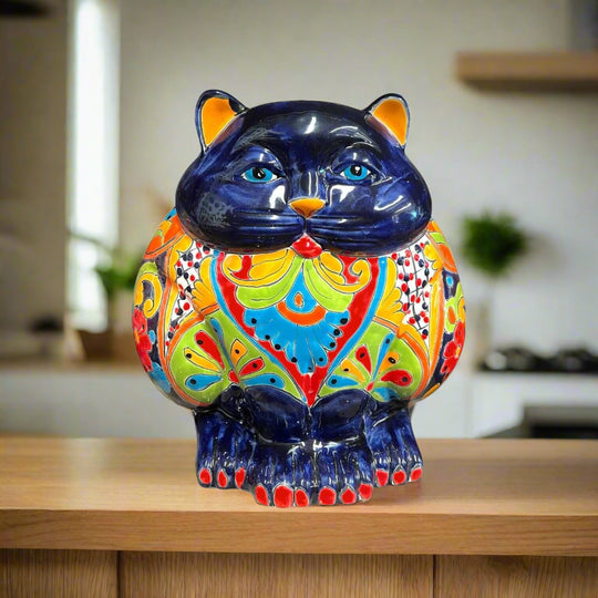 Fat Cat Talavera Planter | Handmade Mexican Pottery — hand-painted colorful chubby cat ceramic planter with traditional Mexican Talavera design