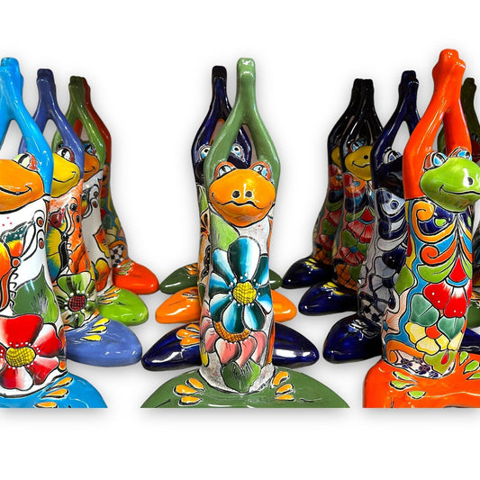 Colorful Hand Painted Talavera Frog Statue | Large Mexican Art Decor