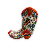 Colorful Boot Planter | Handcrafted Talavera Pot showcasing hand-painted floral and butterfly motifs in red blue green and yellow