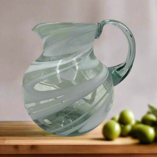 Mexican Hand-Blown Glass Pitcher | White Swirl handcrafted lead-free glass pitcher with elegant white swirl design
