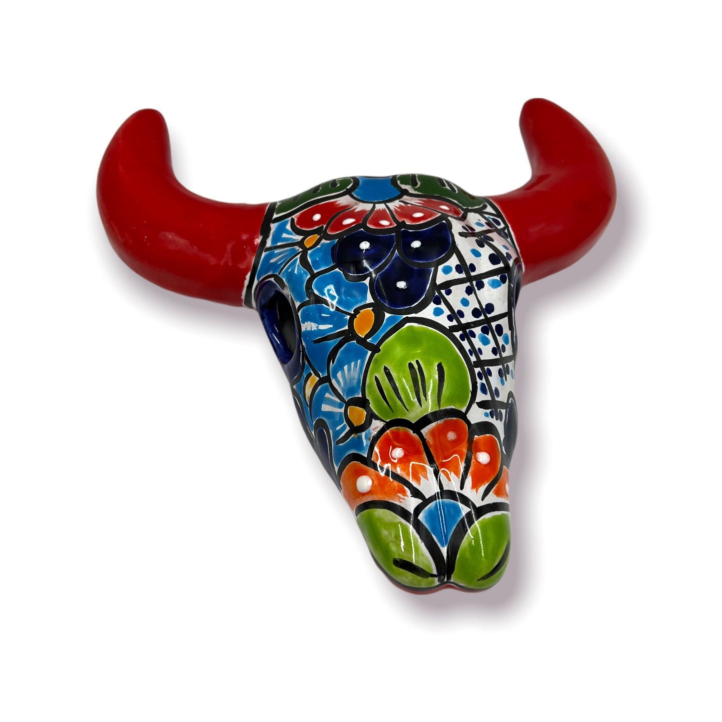 Colorful Talavera Bull Skull | Handcrafted Mexican Longhorn Wall Decor 10.5"x11"