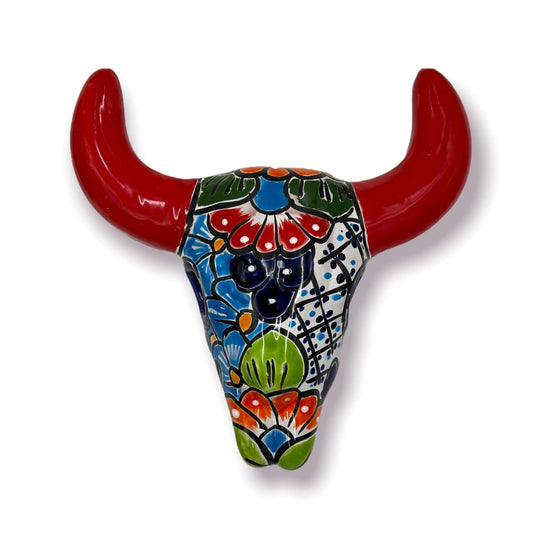 Talavera Bull Skull Wall Decor | Colorful Handcrafted Longhorn Art - hand-painted red-horn Talavera skull with floral blue, green, orange designs