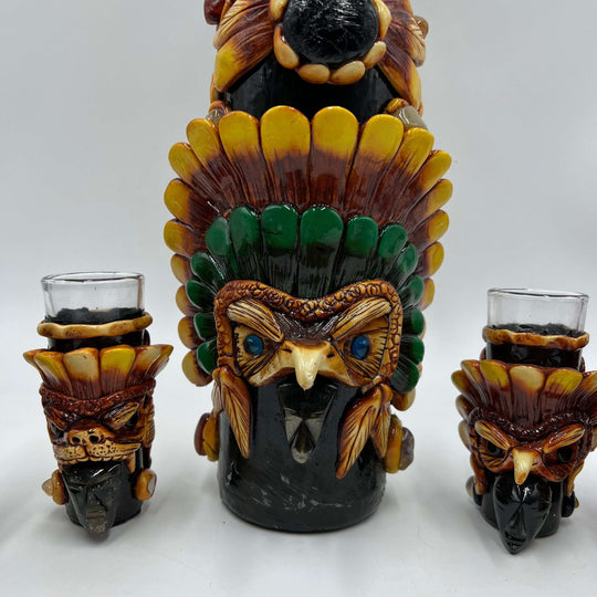 Aztec Warrior Tequila Set | Handmade Mexican Shot Glass & Decanter Set — handmade painted Aztec warrior decanter with two matching shot glasses