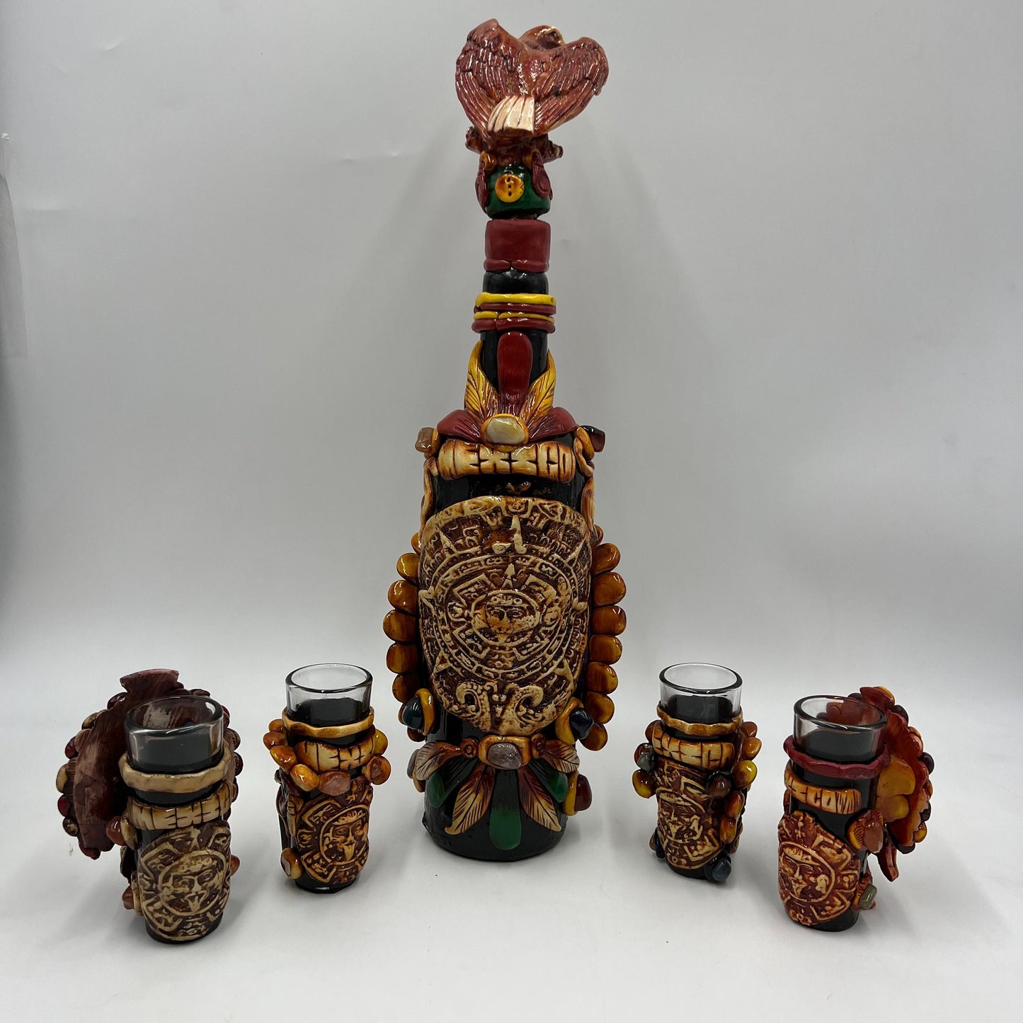 Mexican Handmade Shot Glass and Tequila Set | Aztec Warrior Decanter Set