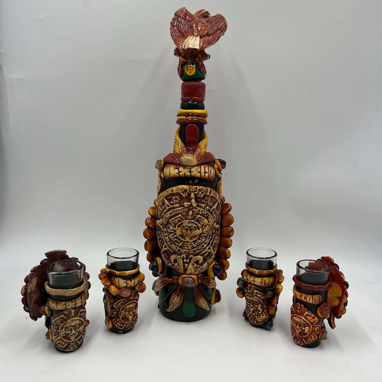 Aztec Warrior Tequila Set | Handmade Mexican Shot Glass & Decanter Set - hand-painted sculpted decanter with four matching shot glasses