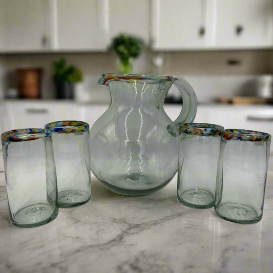 Colorful Mexican Hand Blown Glass Pitcher | Festive Confetti Rim