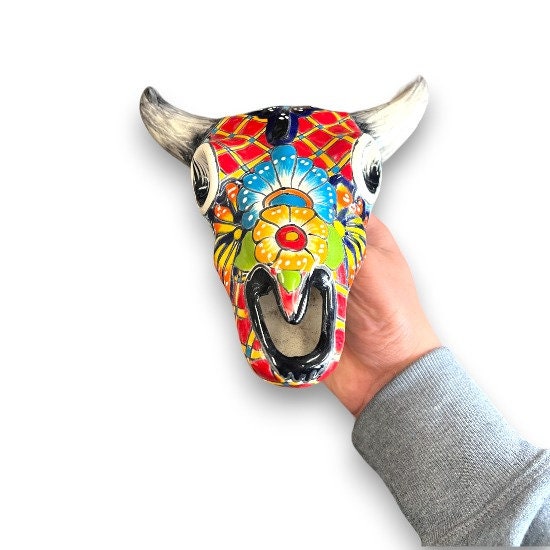 Talavera Bull Skull | Handmade Painted Mexican Longhorn Wall Art 10.5"x11"