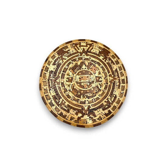 Handcrafted Mexican Aztec Warrior Calendar | Unique Artwork with 11 Wood Types – handcrafted Aztec warrior calendar wall art from Guanajuato, Mexico