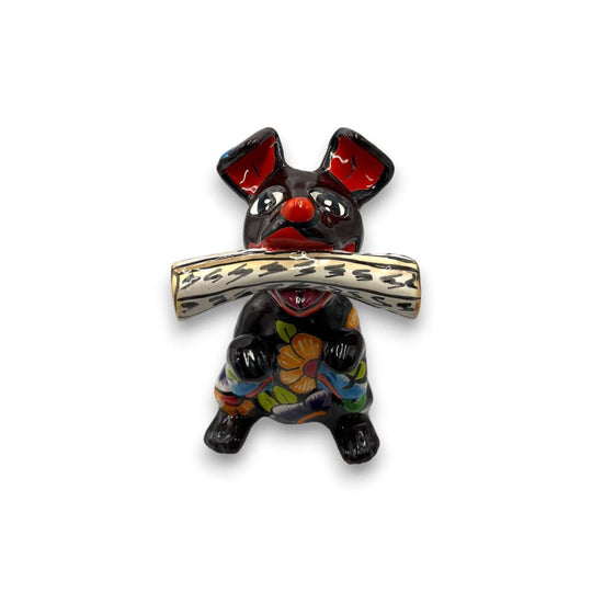 Talavera Dog Holding Newspaper Statue | Colorful Mexican Garden Art - hand-painted red dog with floral motifs holding black-and-white newspaper
