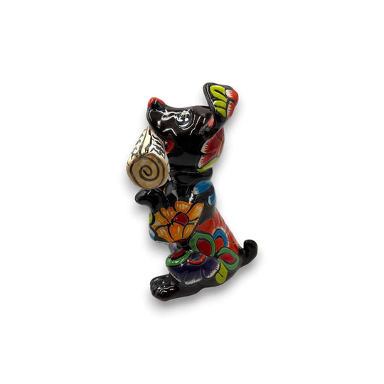 Talavera Dog Holding Newspaper Statue | Colorful Mexican Garden Art - hand-painted red dog with bright floral motifs holding a newspaper