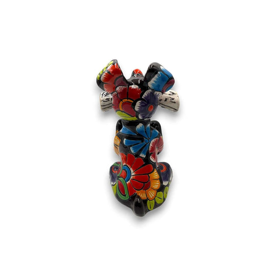 Talavera Dog Holding Newspaper Statue | Colorful Mexican Garden Art - hand-painted red dog with floral motifs holding newspaper