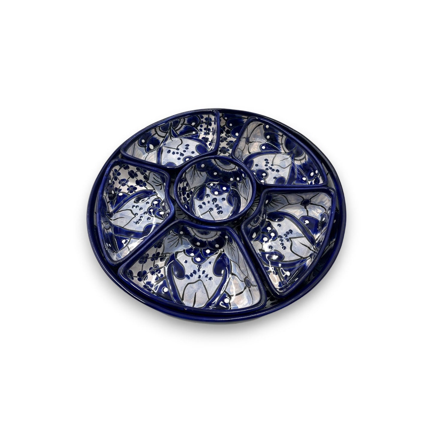 Handmade Talavera Sectional Appetizer Tray | Blue and White Paint