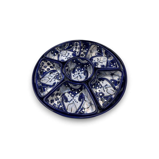 Handmade Talavera Appetizer Tray | Blue and White Sectional Platter - handcrafted blue and white ceramic sectional platter with floral Talavera design