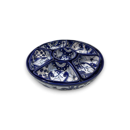 Handmade Talavera Appetizer Tray | Blue and White Sectional Platter showcasing hand-painted blue floral and geometric patterns, kiln-fired lead-free glaze