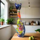 Mexican Handmade Talavera Cat Statue | Cultural Artwork (19.5" Tall) hand-painted tall floral ceramic cat sculpture in kitchen