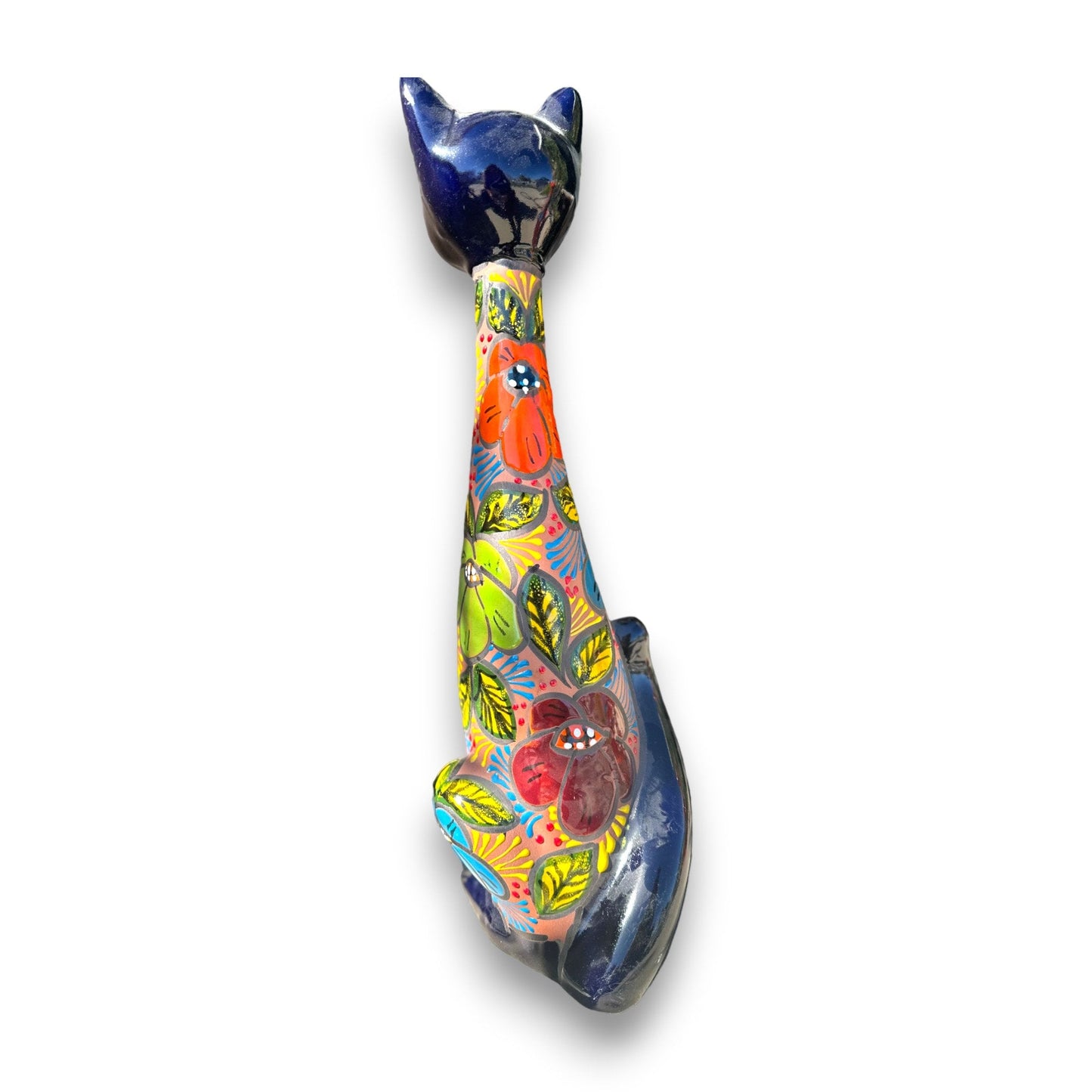 Mexican Handmade Talavera Cat Statue | Cultural Artwork (19.5" Tall)