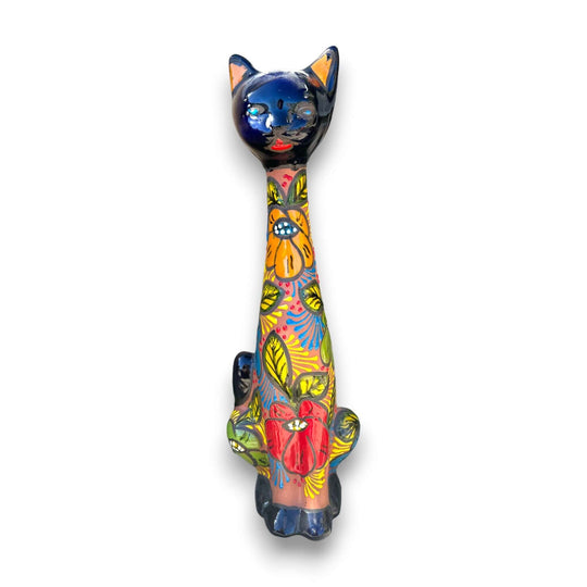 Mexican Handmade Talavera Cat Statue | Cultural Artwork (19.5" Tall) — hand-painted Talavera ceramic cat with floral motifs