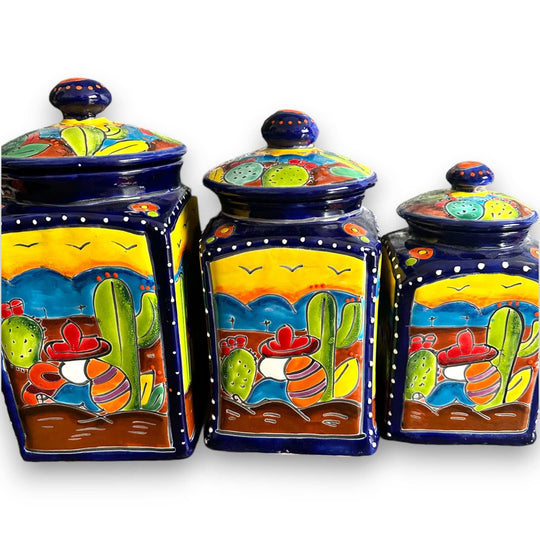 Handmade Desert Canister Set | Colorful Mexican Talavera Pottery - hand-painted desert scene storage jars