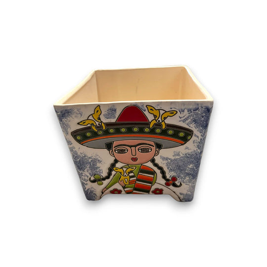 Hand-Painted Frida Kahlo Talavera Pot | Mexican Folk Art Planter - vibrant hand-painted square Talavera planter with Frida design