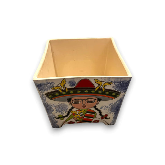 Hand-Painted Frida Kahlo Talavera Pot | Mexican Folk Art Planter - square hand-painted Talavera planter with colorful Frida face and floral details