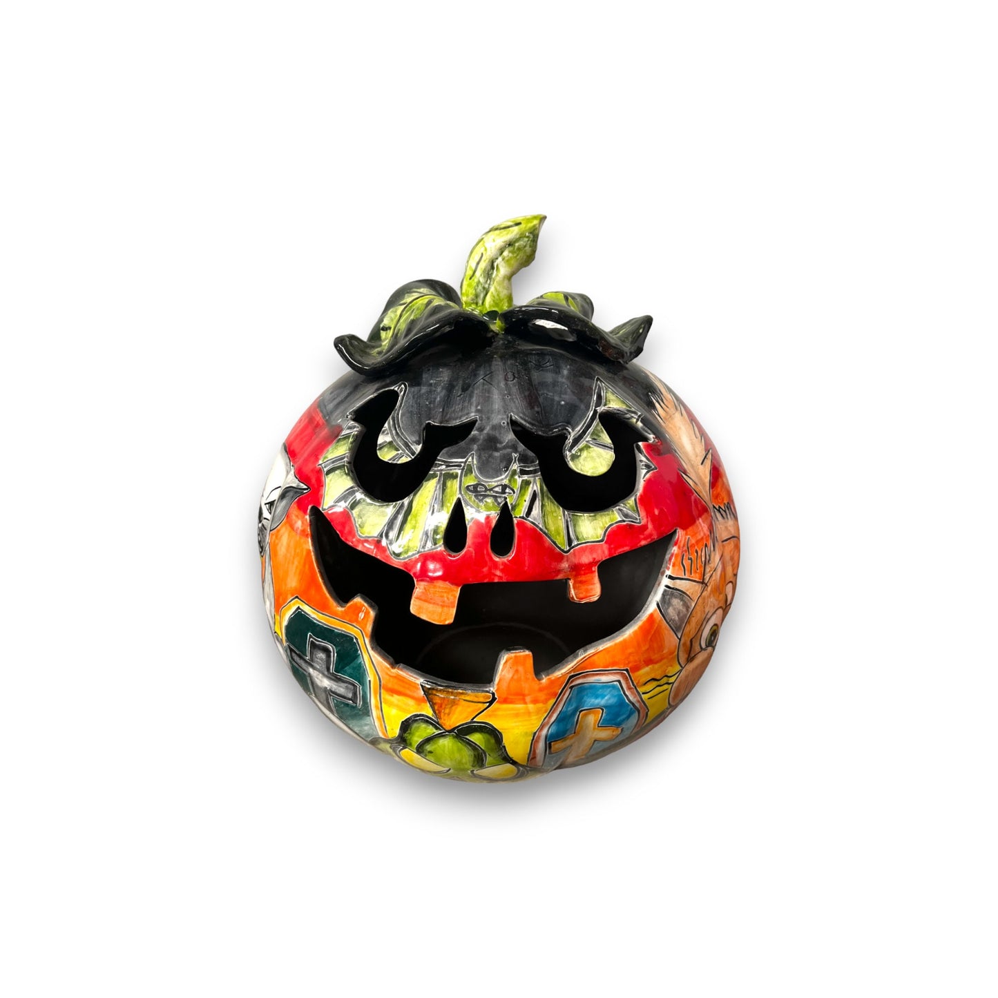 XL Talavera Pumpkin | Handmade Mexican Jack-o'-Lantern Art (14" Diameter)