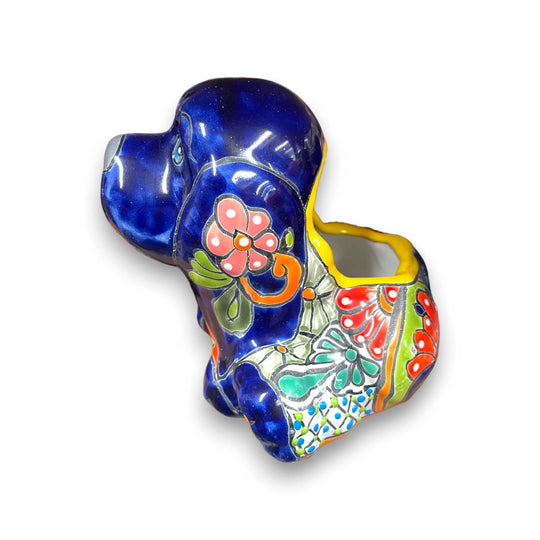 Colorful Talavera Dog Planter | Handcrafted Mexican Pot - blue floral hand-painted sitting dog ceramic planter