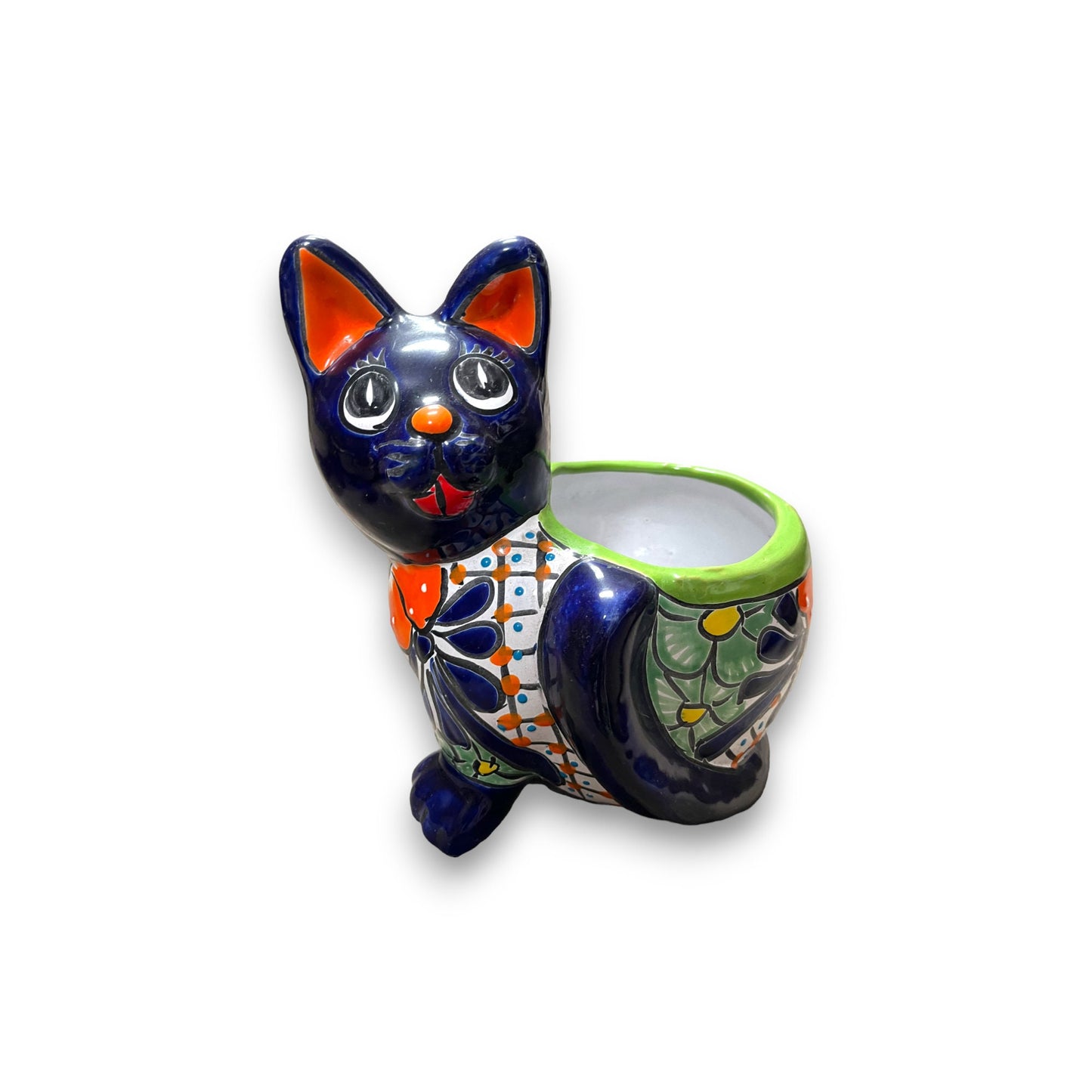 Handmade Cat Planter | Hand Painted Cat Talavera Artwork (Medium Size)