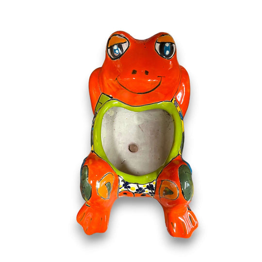 Talavera Frog Planter | Hand-Painted Mexican Ceramic Pot - bright orange hand-painted Talavera frog with floral patterns, indoor plant pot