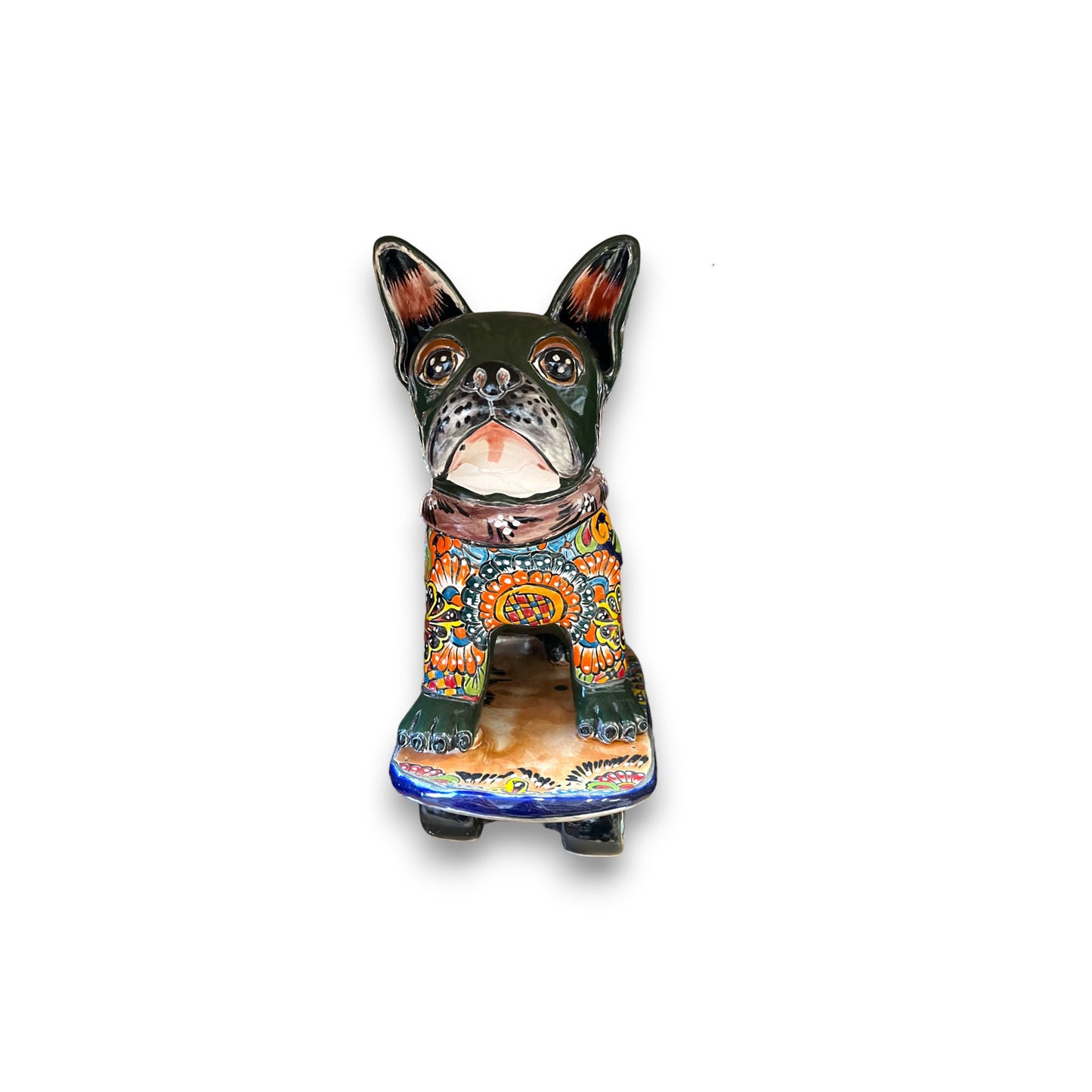 Talavera Frenchie Statue | Colorful Skateboarding Bulldog Art