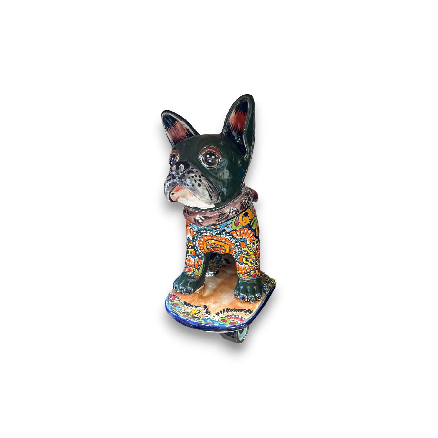 Talavera Frenchie Statue | Colorful Skateboarding Bulldog Art