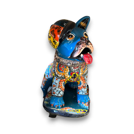 Handmade Talavera Frenchie Statue | Colorful French Bulldog Skateboarding (Medium)