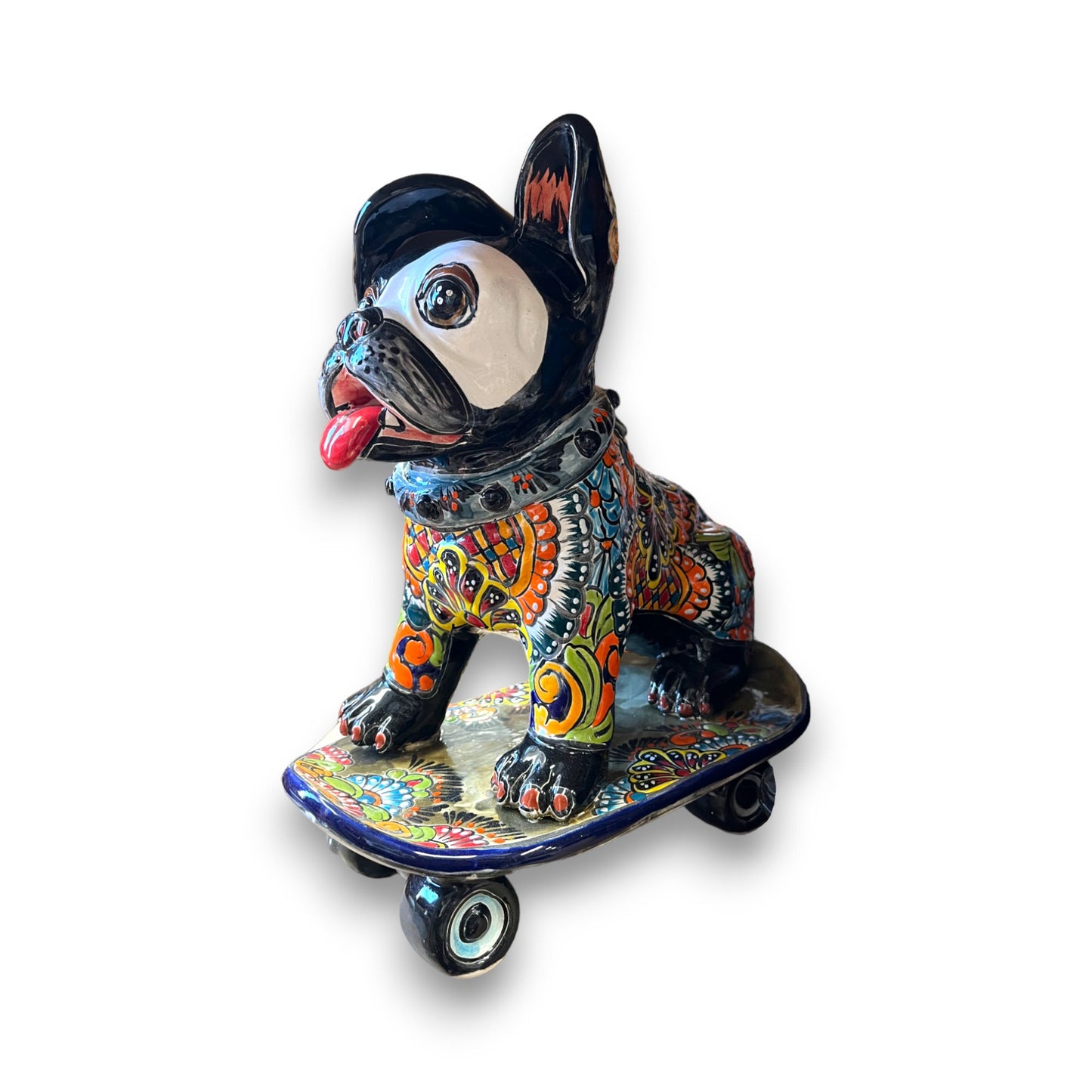 Talavera Frenchie Statue | Colorful Skateboarding Bulldog Art