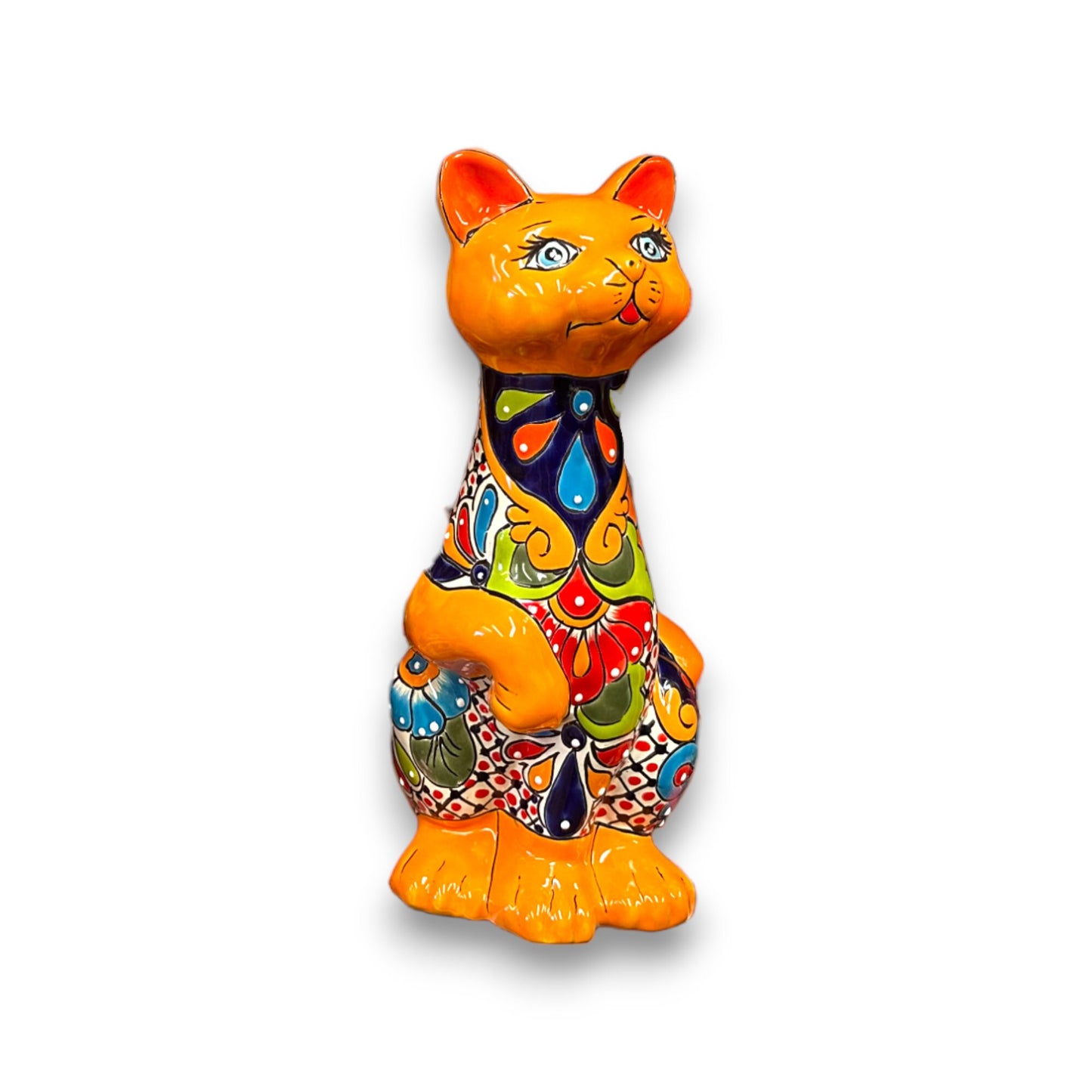 Talavera Curious Cat Statue | Medium-Sized Hand-Painted Mexican Artwork