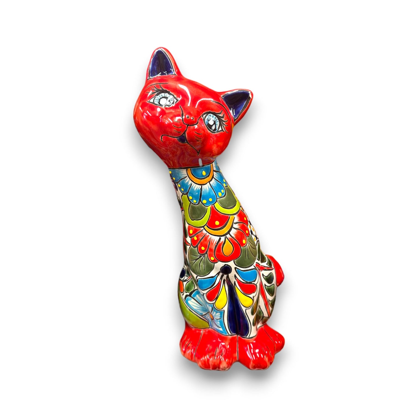 Talavera Curious Cat Statue | Medium-Sized Hand-Painted Mexican Artwork