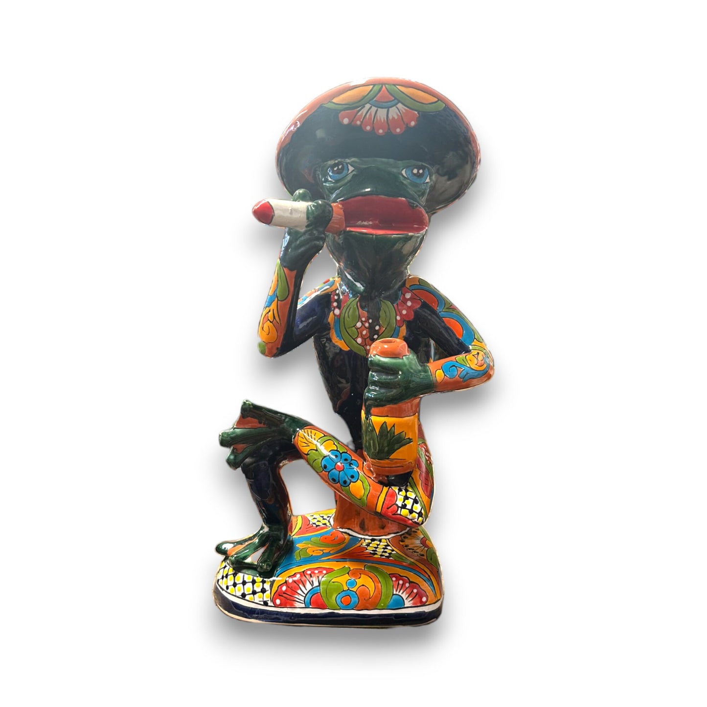 Colorful Talavera Frog Statue | Hand-Painted Medium-Sized Smoking Frog