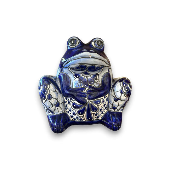 Talavera Frog Planter | Colorful Handmade Mexican Pottery blue hand-painted frog-shaped ceramic planter with floral Talavera design
