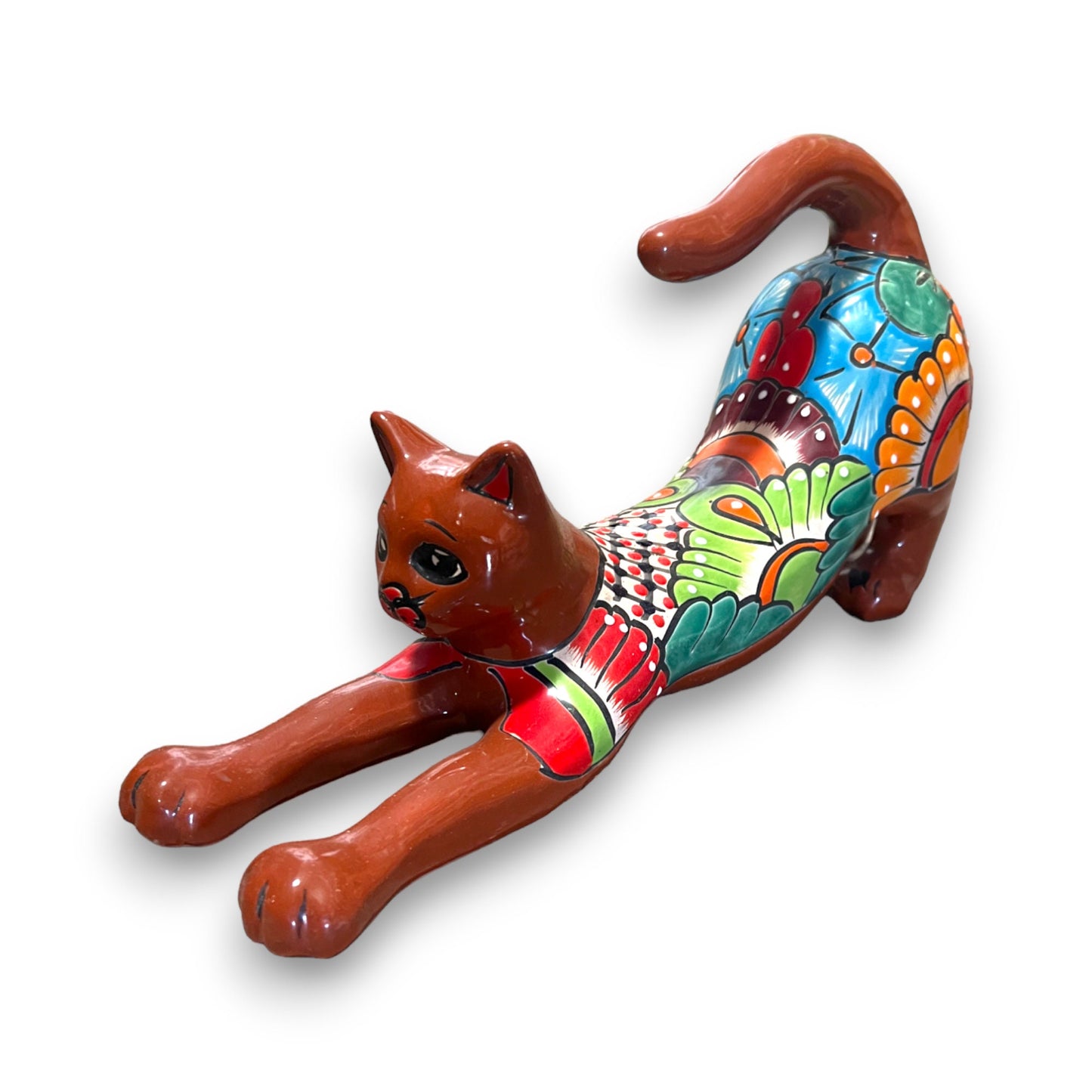 Talavera Stretching Cat Statue | Hand-Painted Mexican Folk Art