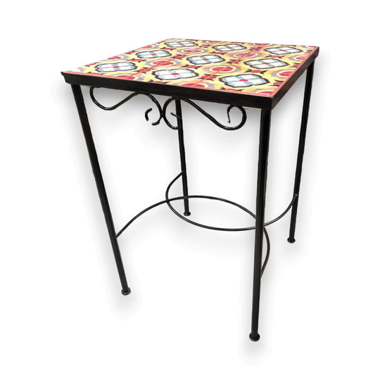 Mexican Accent End Table | Colorful Talavera Tile Design - handmade hand-painted Talavera tile top with wrought iron base