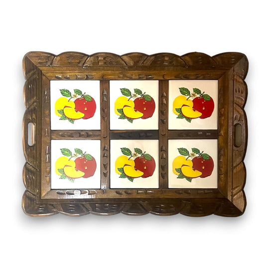 Handcrafted Talavera Tile Serving Tray | Mexican Wooden Tray with six hand-painted fruit tiles, scalloped carved wooden frame, earthy orange yellow black accents