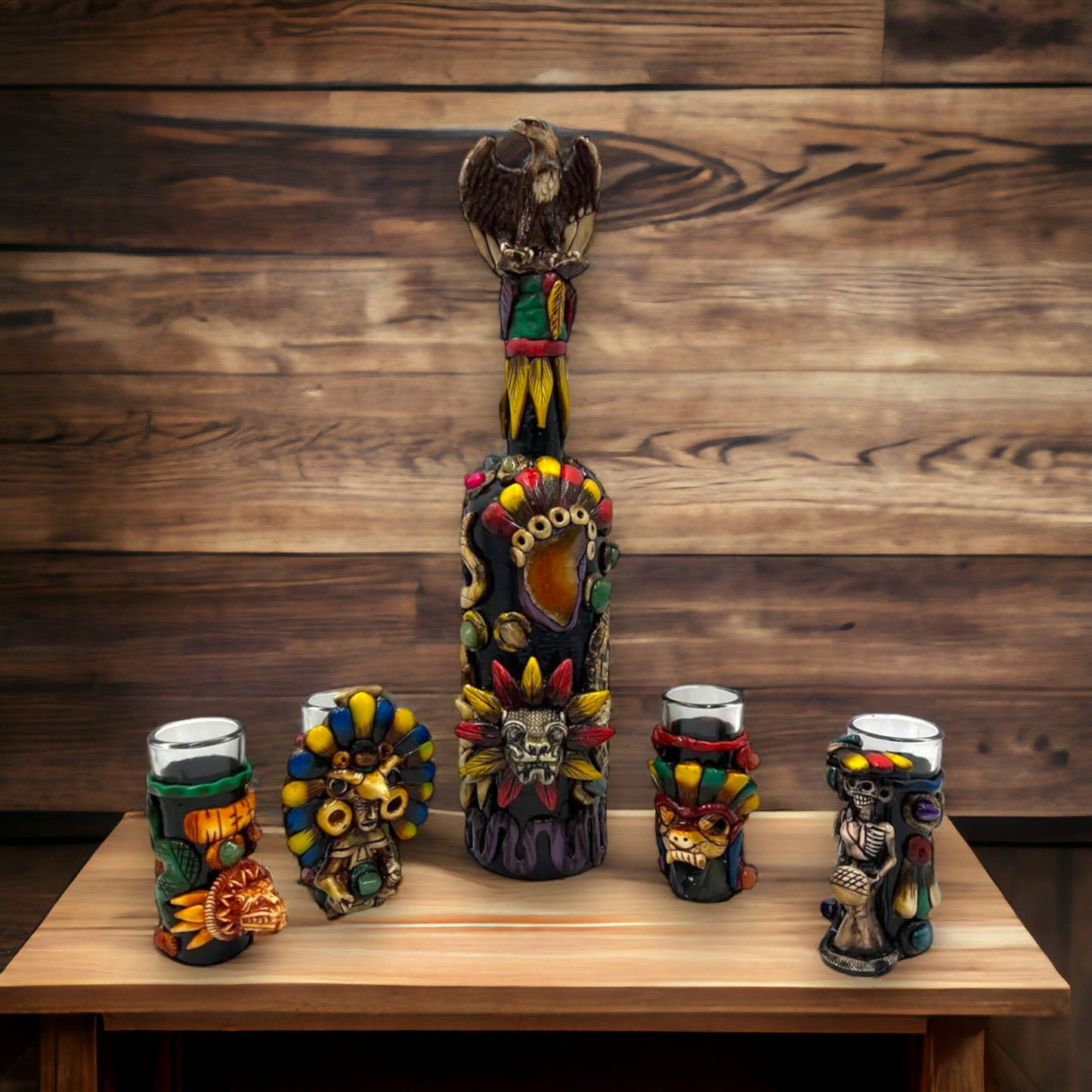 Mexican Handmade Shot Glass and Tequila Set | Aztec Warrior Decanter Set