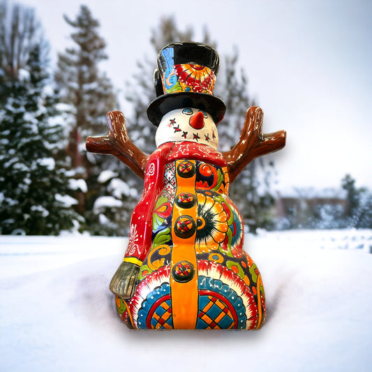 Hand-Painted Talavera Snowman Statue | Festive Christmas Decoration (Medium)