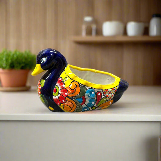 Colorful Talavera Duck Planter | Hand-Painted Mexican Succulent Pottery Art - hand-painted Talavera duck succulent pot
