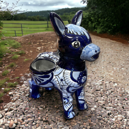 XL Talavera Donkey Planter | Hand-Painted Blue & White Ceramic (22" Tall)