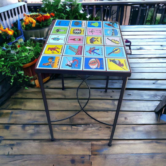 Handmade Mexican Accent End Table | Talavera Lotería Tiles hand-painted tiled lotería design on outdoor wooden deck