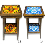 Square Talavera Tile End Table | Handmade Mexican Wood Accent Table with vibrant hand-painted yellow and blue Talavera tiles, kiln-fired lead-free glaze, compact design