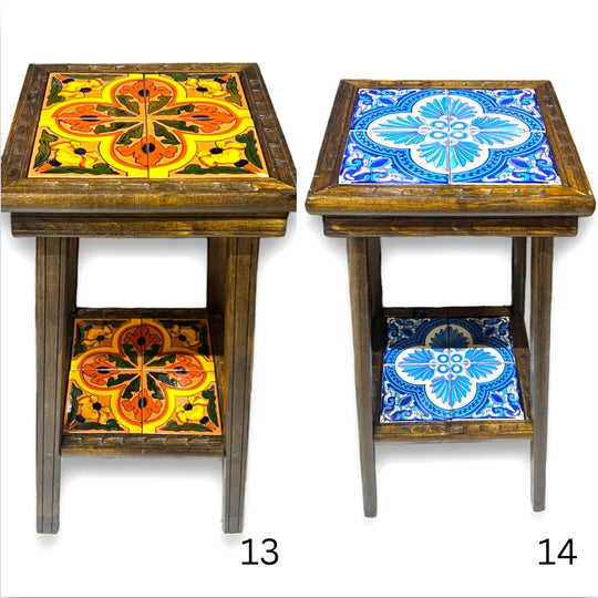 Square Talavera Tile End Table | Handmade Mexican Wood Accent Table with vibrant hand-painted yellow and blue Talavera tiles, kiln-fired lead-free glaze, compact design